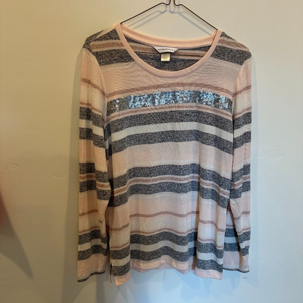 NWT Christopher & Banks Pink & Gray Stripe Sequin Long Sleeve TShirt Size S